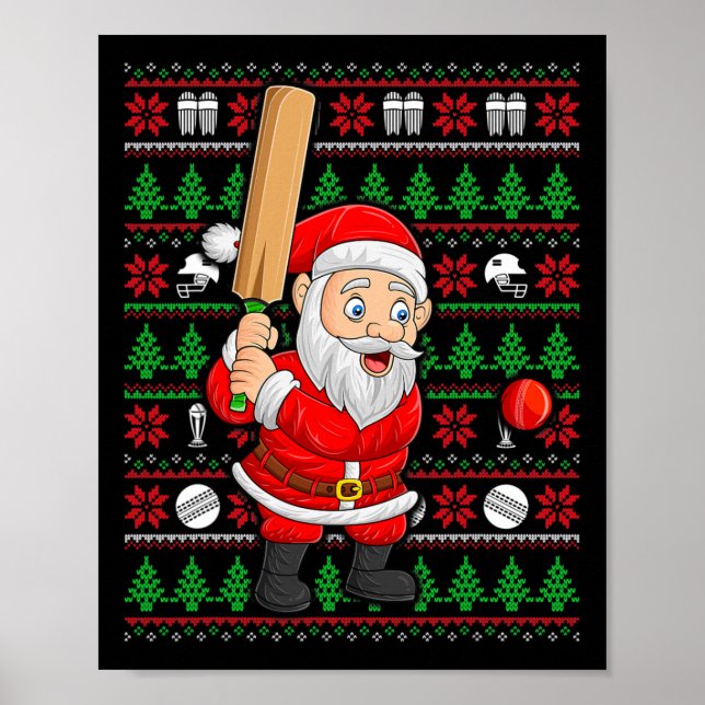 Xmas Ugly Sweater Style Santa Playing Cricket Chri Poster (Front)