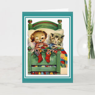 Xmas Vintage Card Merry Christmas Kitten Dog