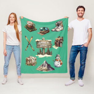 Xmas Vintage Retro Ski Couple Outdoor Mint Green Fleece Blanket