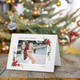 Xmas Watercolor Holly Berries Poinsettia Photo Holiday Card