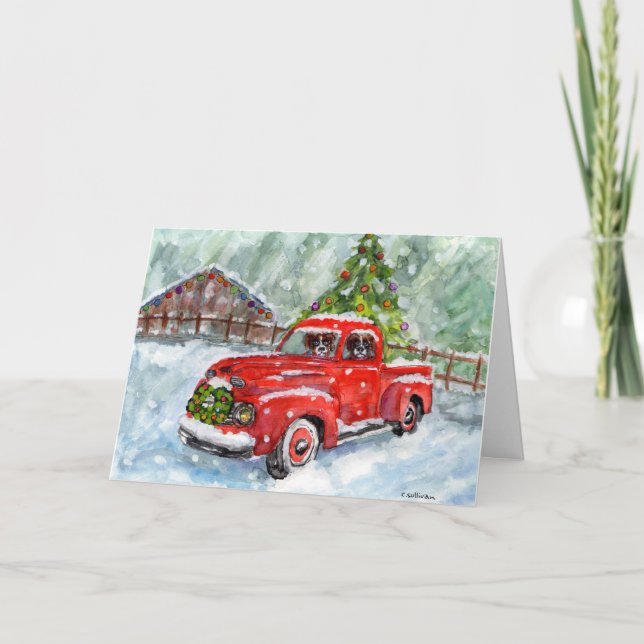 Xmas watercolor painting 2 Boxers, red truck, snow Card (Front)