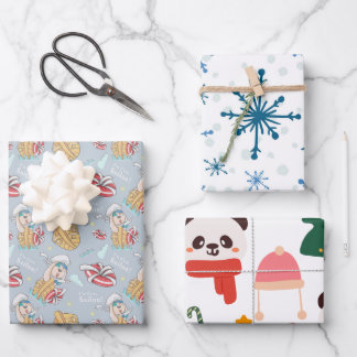 Xmas Wrapping Paper Flat Sheet Set of 3