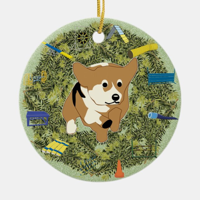 Xmas Wreath Agility Corgi Ceramic Tree Decoration (Front)