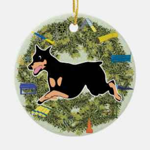 Xmas Wreath Agility Doberman Ceramic Tree Decoration