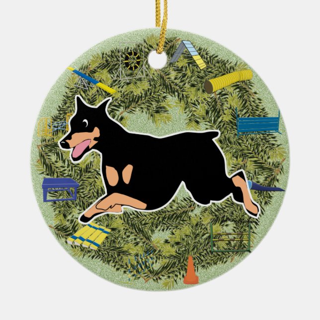 Xmas Wreath Agility Doberman Ceramic Tree Decoration (Front)