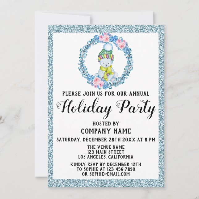 Xmas Wreath Company Holiday Party Blue Glitter Invitation (Front)