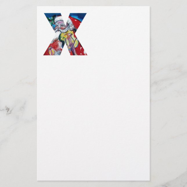 XMAS X LETTER /SANTA  CLAUS WITH VIOLIN MONOGRAM STATIONERY (Front)