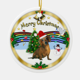 Xmas ZMusic 1 - MC - Brown Dachshund (hat) Ceramic Tree Decoration
