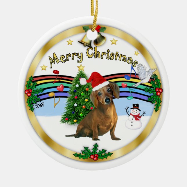 Xmas ZMusic 1 - MC - Brown Dachshund (hat) Ceramic Tree Decoration (Front)