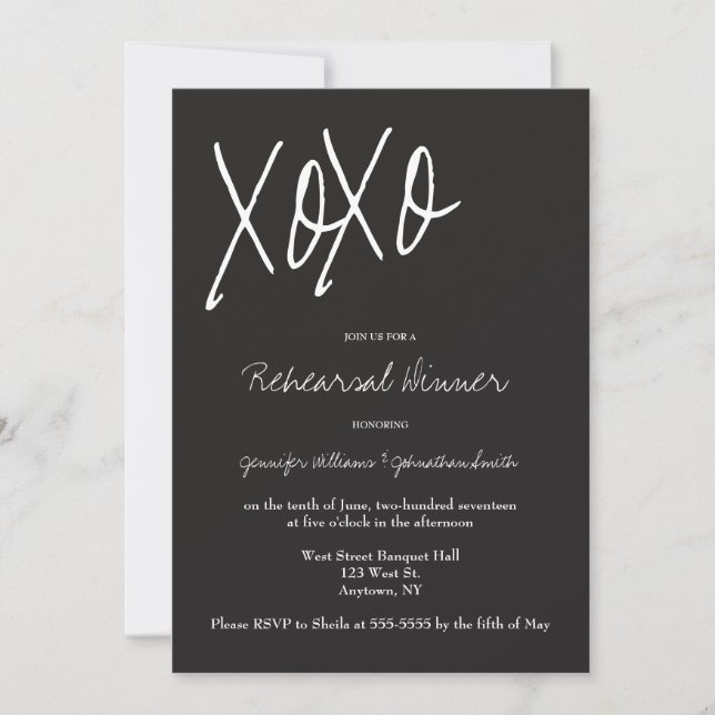 XO grey rehearsal dinner invitations (Front)