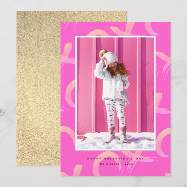 XO Pattern Neon Pink Photo Valentine's Day Card (Front/Back)