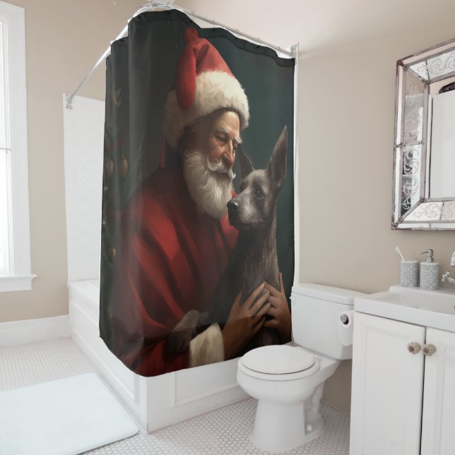 Xoloitzcuintli With Santa Claus Festive Christmas Shower Curtain (In Situ)