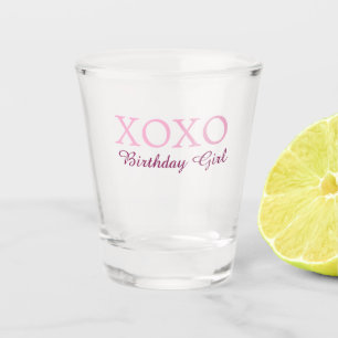 Xoxo birthday girl name pink mauve simple love shot glass
