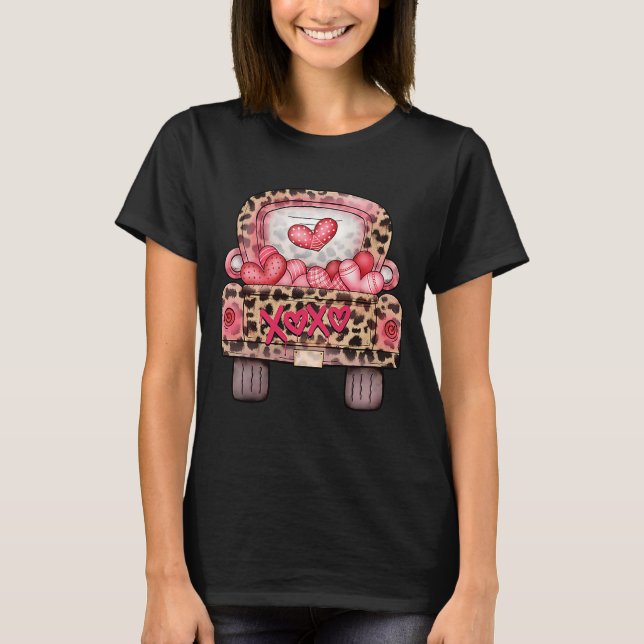 XOXO Cute Pink Heart Leopard Truck Happy Valentine T-Shirt (Front)