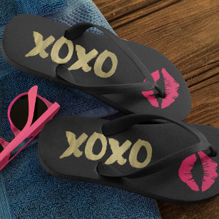 XOXO Faux Gold & Pink Lips   Black Jandals