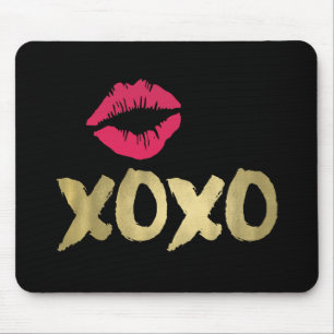 XOXO Faux Gold & Pink Lips Black Mouse Pad