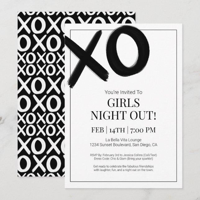 XOXO Girls Night Out Black Bestie Galentine Party Invitation (Front/Back)
