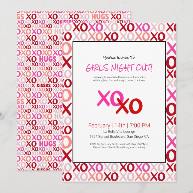 XOXO Girls Night Out Pink Cute Galentine Day Party Invitation (Front/Back)