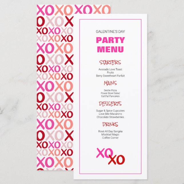XOXO Girls Night Out Pink Galentine's Day Party Menu (Front/Back)