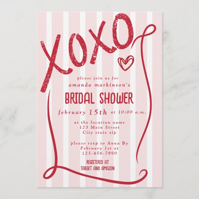 XOXO Hand Drawn Pink Bridal Shower Party Invitation (Front)