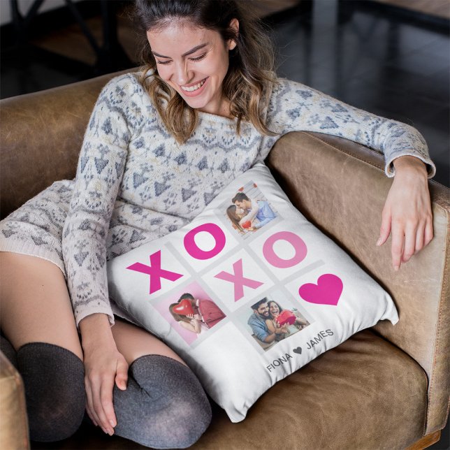 XOXO Happy Valentine's Day Pink Heart Custom Photo Cushion (Creator Uploaded)