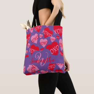 XOXO Heart Pink Red Pattern Monogram Purple Tote Bag