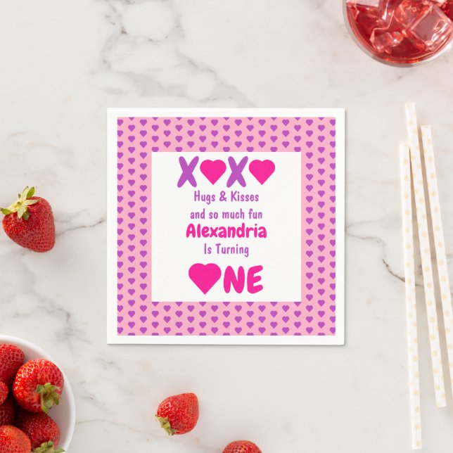 XOXO Hugs and Kisses 1st Birthday Napkin (Insitu)