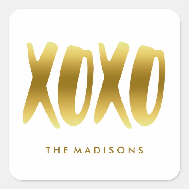 XOXO Hugs and Kisses Faux Gold Typography White Square Sticker (Front)