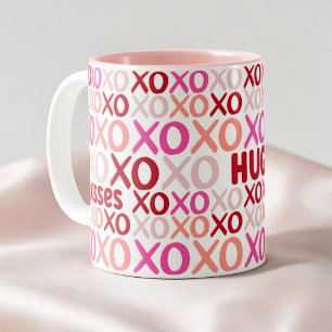 XOXO Hugs and Kisses Pink and Red Cute Galentine Two-Tone Coffee Mug