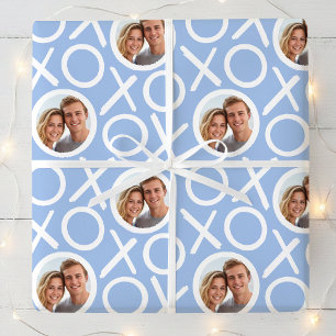 XOXO Hugs & Kisses 2 Photo Blue Brush Script Wrapping Paper