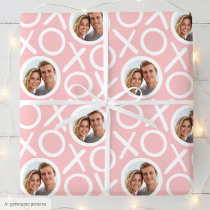 XOXO Hugs & Kisses 2 Photo Pink Brush Script Wrapping Paper