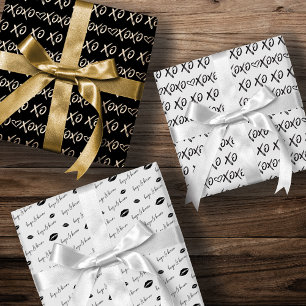 XOXO Hugs & Kisses Brush Script Black & White Wrapping Paper Sheet