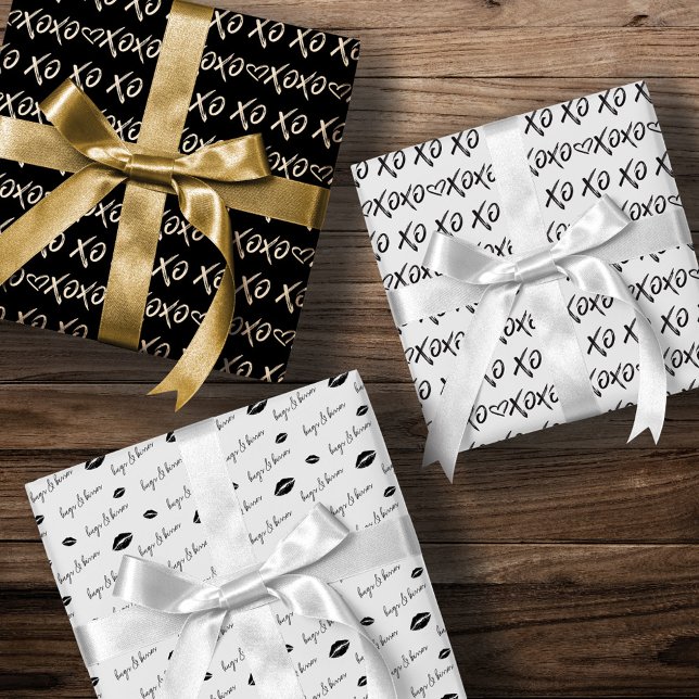 XOXO Hugs & Kisses Brush Script Black & White Wrapping Paper Sheet (XOXO Hugs & Kisses Brush Script Black & White Wrapping Paper Sheets)