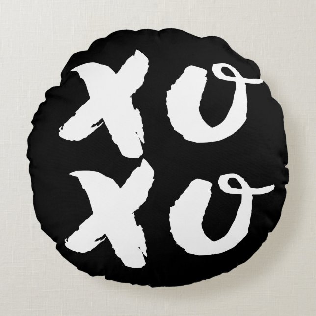 XOXO Hugs & Kisses Brush Typography Black Round Cushion (Front)