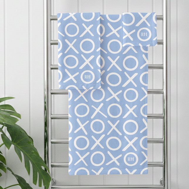 XOXO Hugs & Kisses Monogrammed Name Blue Modern Bath Towel Set (Creator Uploaded)