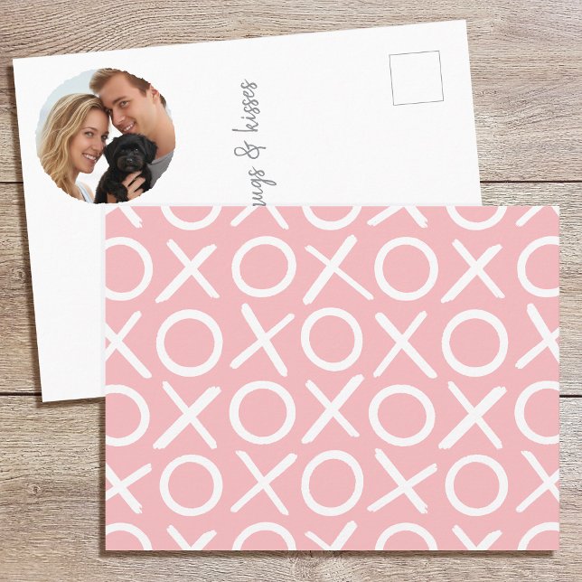 XOXO Hugs & Kisses Photo Pink Brush Script Modern Postcard (Creator Uploaded)