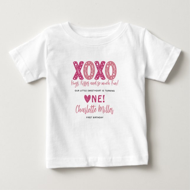 XOXO Hugs & Kisses Valentine's Day 1st Birthday Baby T-Shirt (Front)