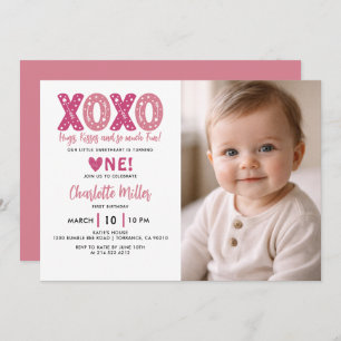  XOXO Hugs & Kisses Valentine's Day 1st Birthday Invitation