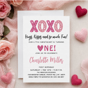 XOXO Hugs & Kisses Valentine's Day 1st Birthday Invitation