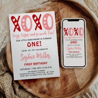 XOXO Hugs & Kisses Valentine's Day 1st Birthday Invitation