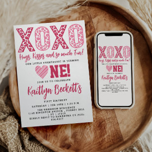 XOXO Hugs & Kisses Valentine's Day 1st Birthday Invitation