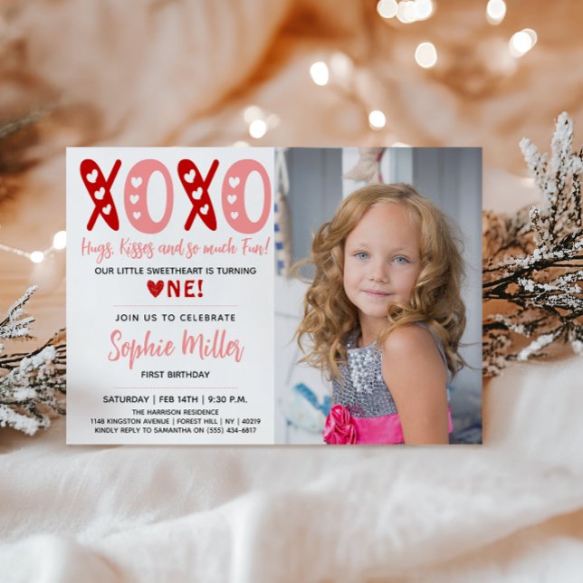 XOXO Hugs & Kisses Valentine's Day 1st Birthday Invitation (Creator Uploaded)