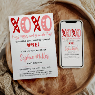 XOXO Hugs & Kisses Valentine's Day 1st Birthday Invitation