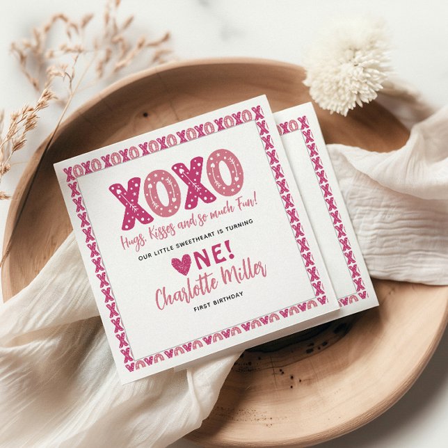 XOXO Hugs & Kisses Valentine's Day 1st Birthday Napkin (Creator Uploaded)