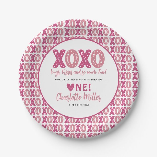 XOXO Hugs & Kisses Valentine's Day 1st Birthday Paper Plate (Front)