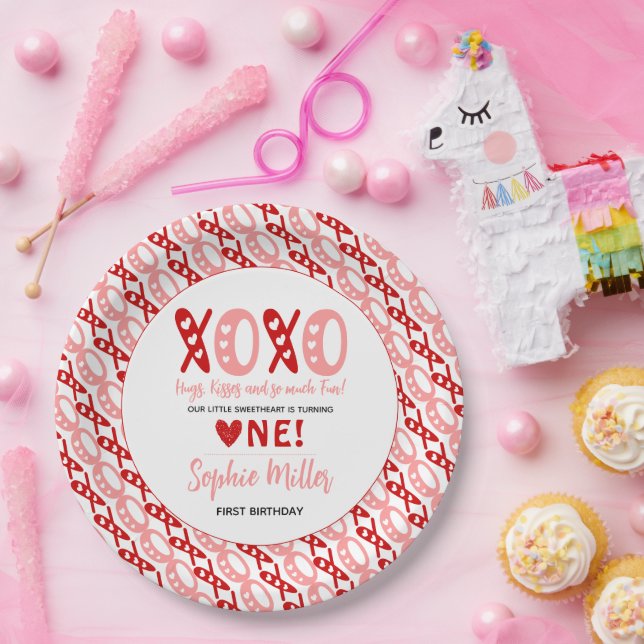 XOXO Hugs & Kisses Valentine's Day 1st Birthday Paper Plate (Party)