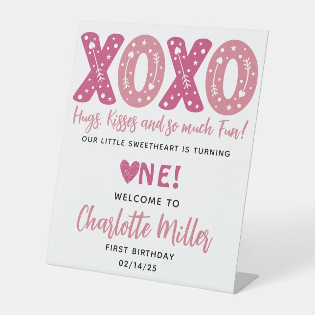 XOXO Hugs & Kisses Valentine's Day 1st Birthday Pedestal Sign (Front)