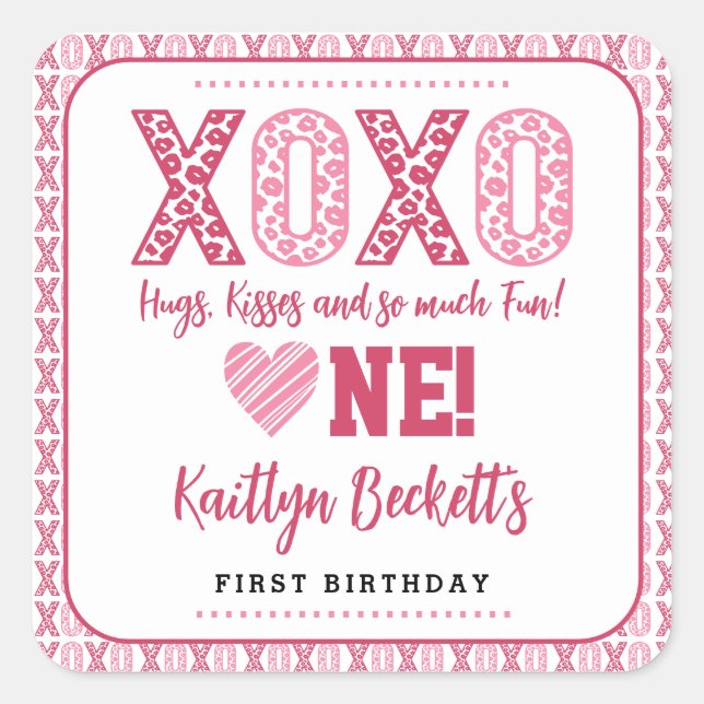 XOXO Hugs & Kisses Valentine's Day 1st Birthday Square Sticker (Front)