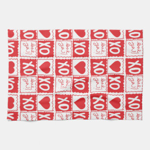 XOXO Love Heart Valentines Red White Tea Towel