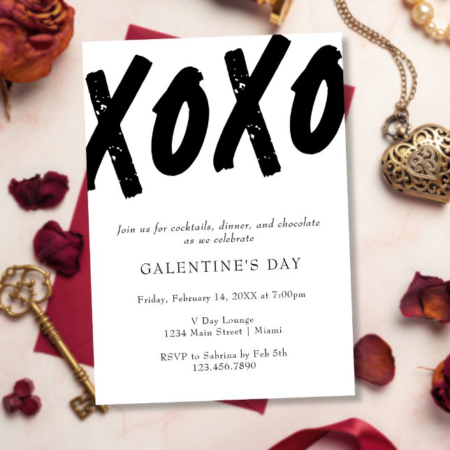 XOXO Painted Black and White Galentine's Day Party Invitation (Creator Uploaded)